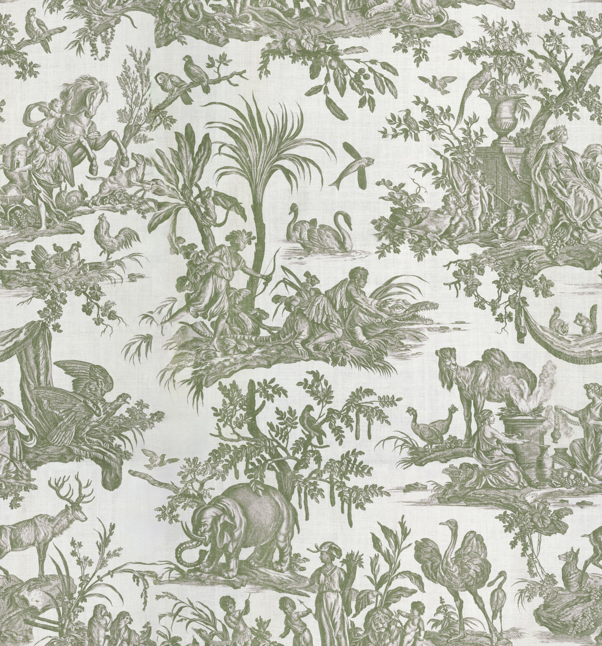Patinated Linen Toile De Jouy, Olive Mural Wallpaper - pure wallpaper artwork