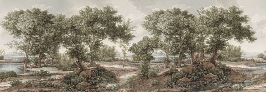 Landscape Wallpaper Mural – Scenery Wall Mural – Riverbank Oak Landscape, Olive printable artwork