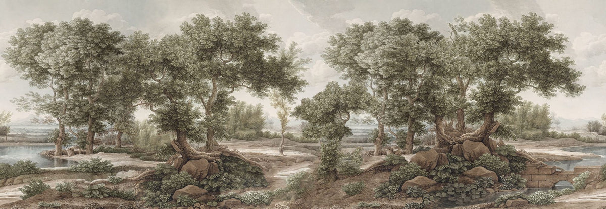 Riverbank Oak Landscape, Olive Mural Wallpaper - pure wallpaper artwork