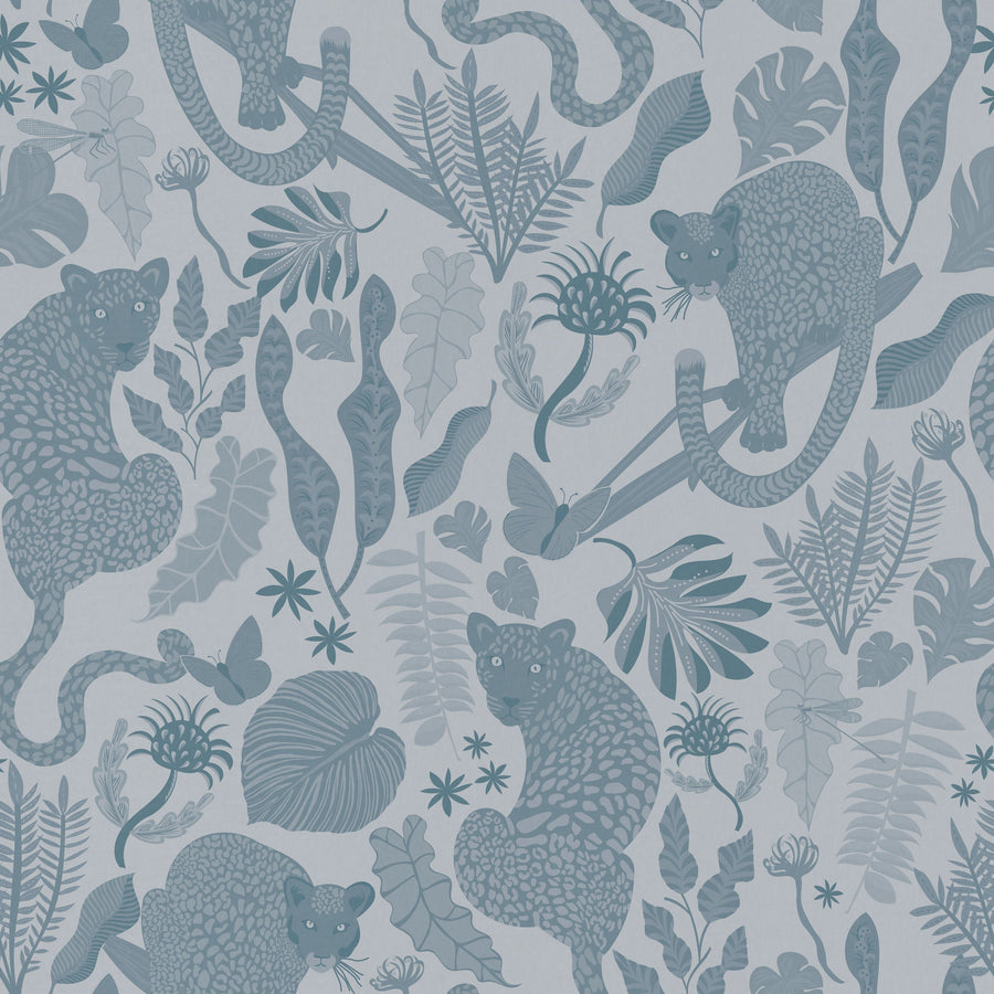 Jungle Leopards Blue Mural Wallpaper