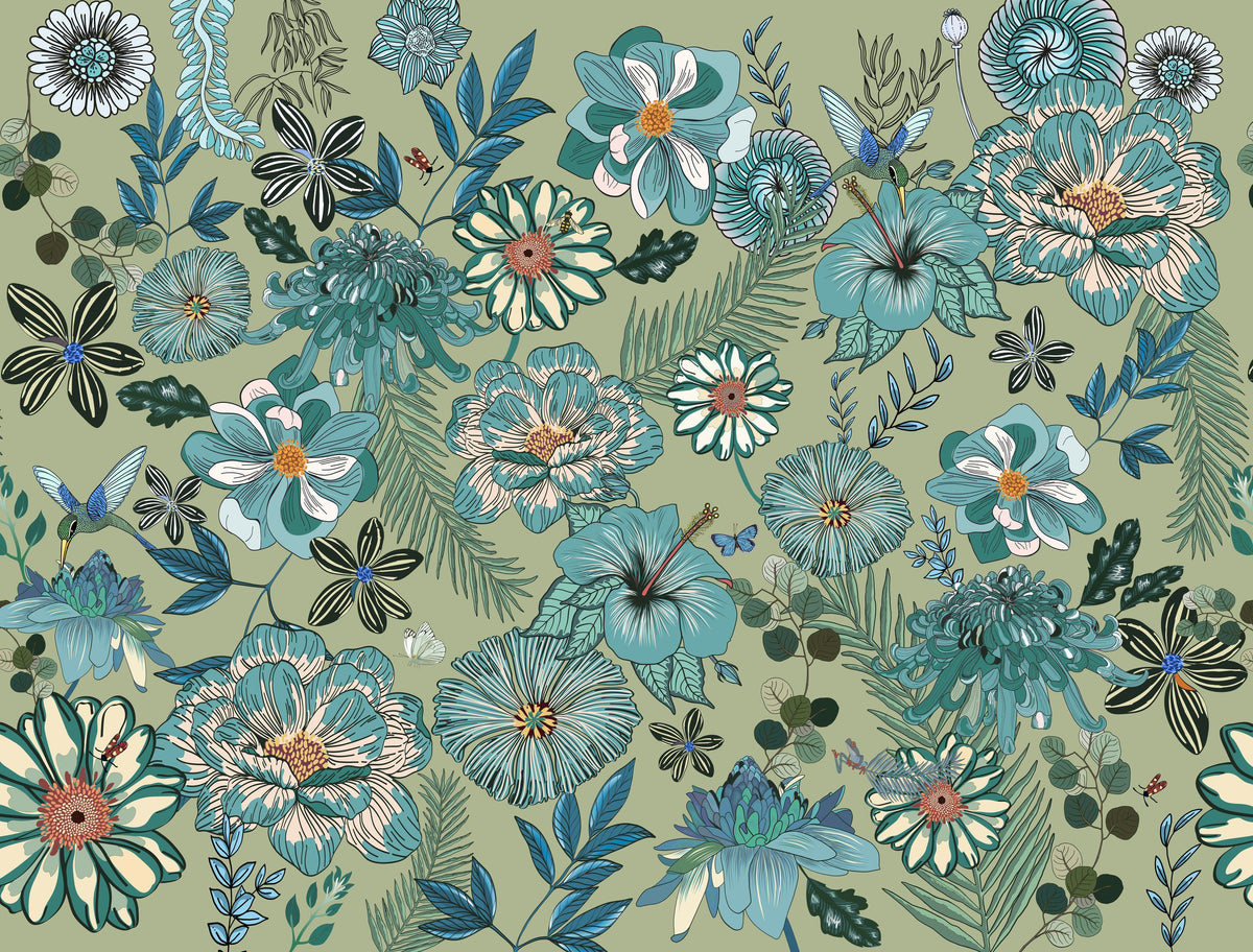 Teal Botanicals Mural Wallpaper - pure wallpaper artwork