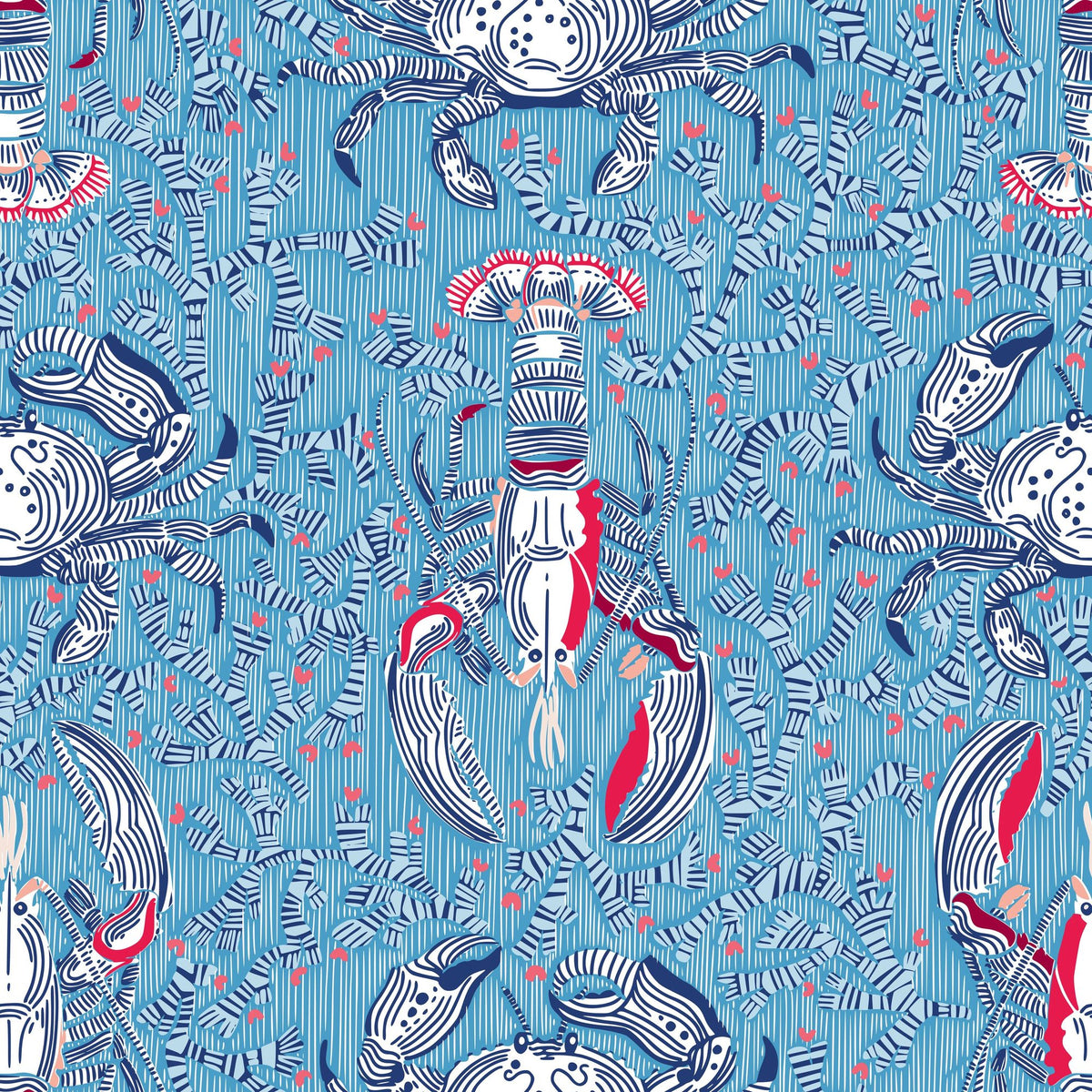 Lobster and Crab Coastal Nostalgia, Blue Mural Wallpaper - pure wallpaper artwork