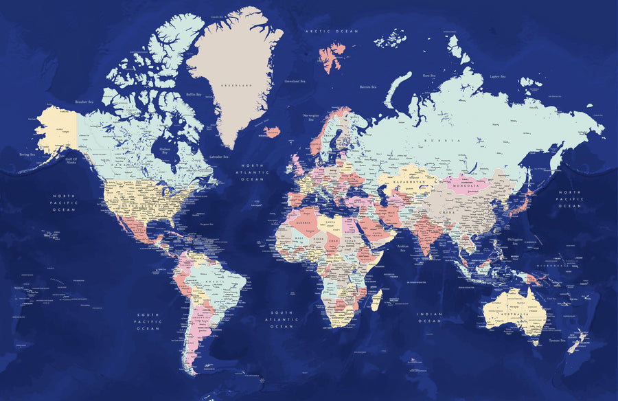 World Map Cities - Powa Mural Wallpaper