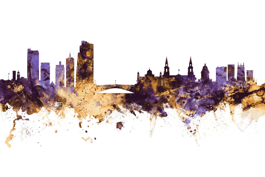 Leeds England Skyline Purple & Gold Mural Wallpaper