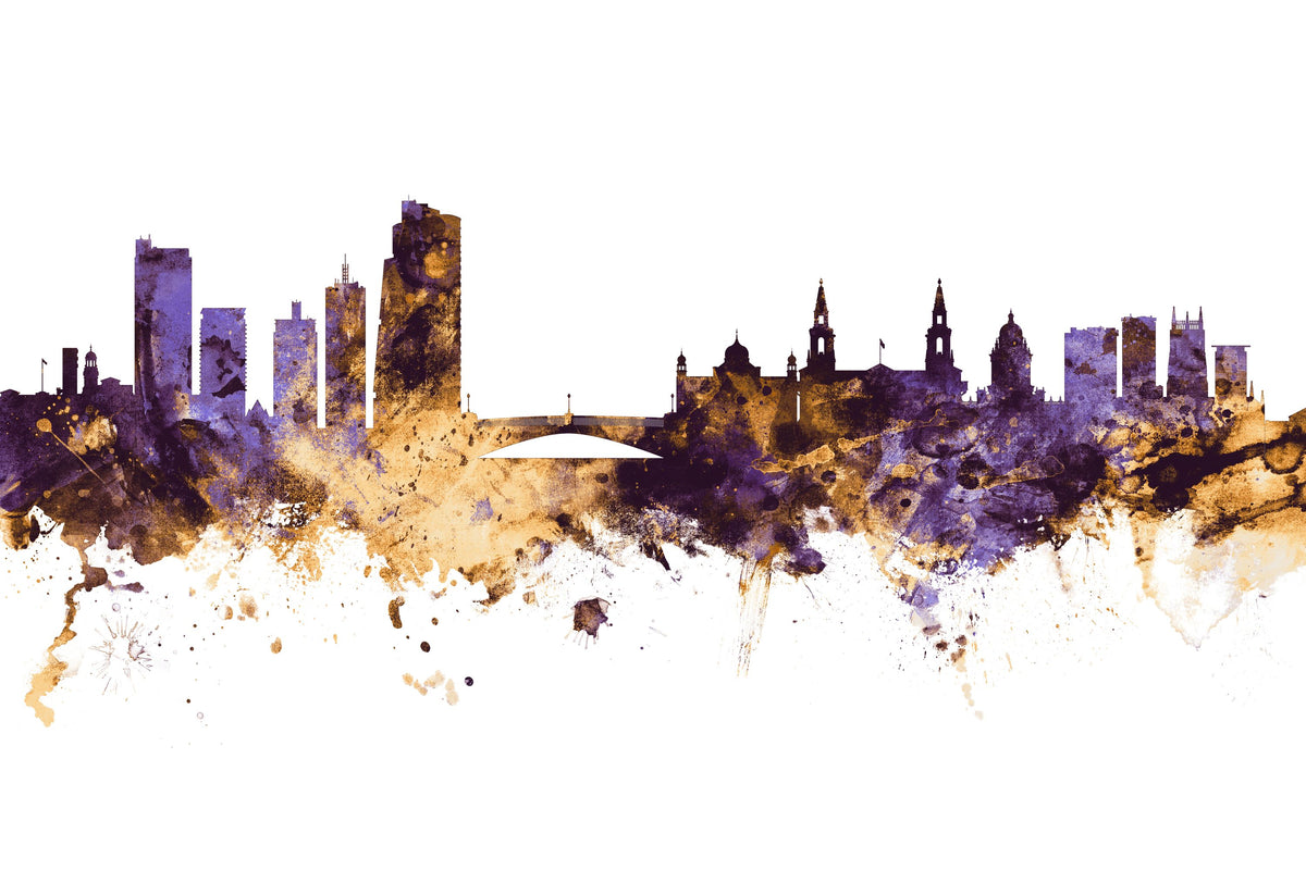 Leeds England Skyline Purple & Gold Mural Wallpaper - pure wallpaper artwork