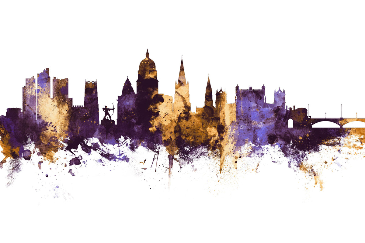 Nottingham England Skyline Purple & Gold Mural Wallpaper - pure wallpaper artwork