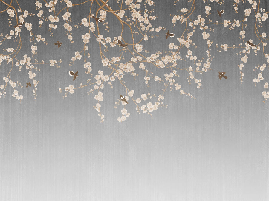 Beneath the Cherry Tree Gray Mural Wallpaper