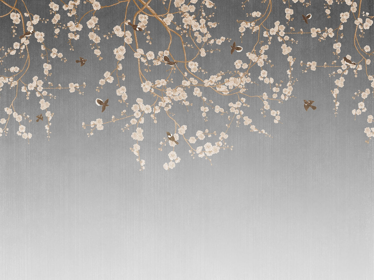 Beneath the Cherry Tree Gray Mural Wallpaper - pure wallpaper artwork