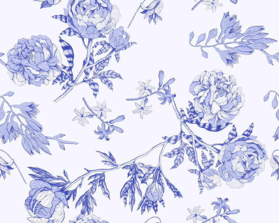 Peony Passion, Blue on White Mural Wallpaper