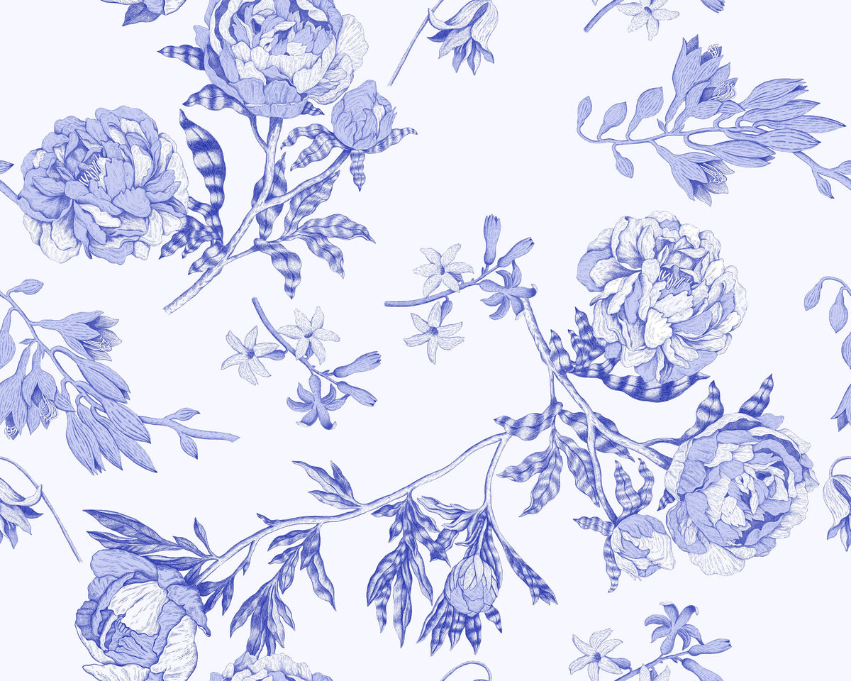 Peony Passion, Blue on White Mural Wallpaper - pure wallpaper artwork