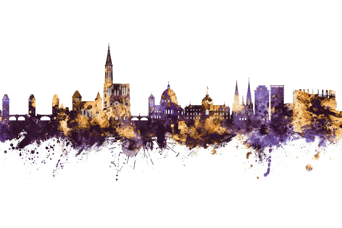 Strasbourg France Skyline Purple & Gold Mural Wallpaper - pure wallpaper artwork