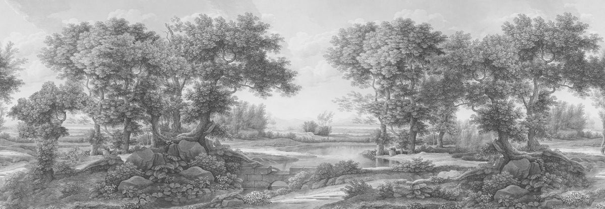 Riverbank Oak Landscape, Pewter Mural Wallpaper - pure wallpaper artwork