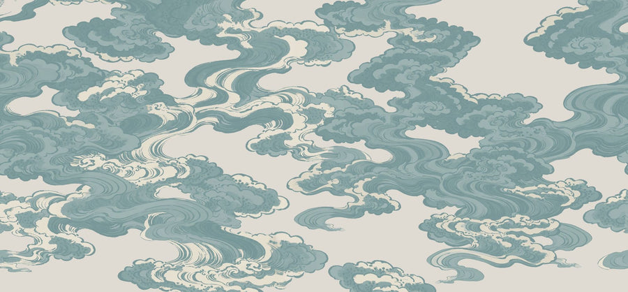 Cloud Wallpaper Mural – Sky Wall Mural – Ukiyo-e Clouds, Soft Teal printable artwork