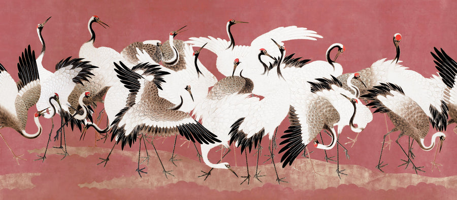 Japanese Flock of Cranes, Coral Blush Mural Wallpaper