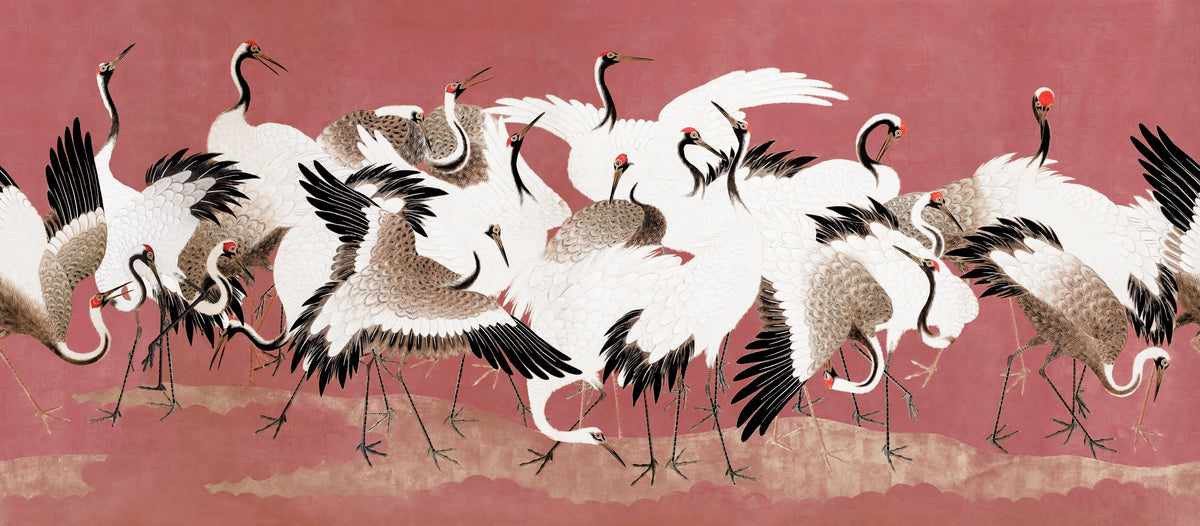 Japanese Flock of Cranes, Coral Blush Mural Wallpaper - pure wallpaper artwork
