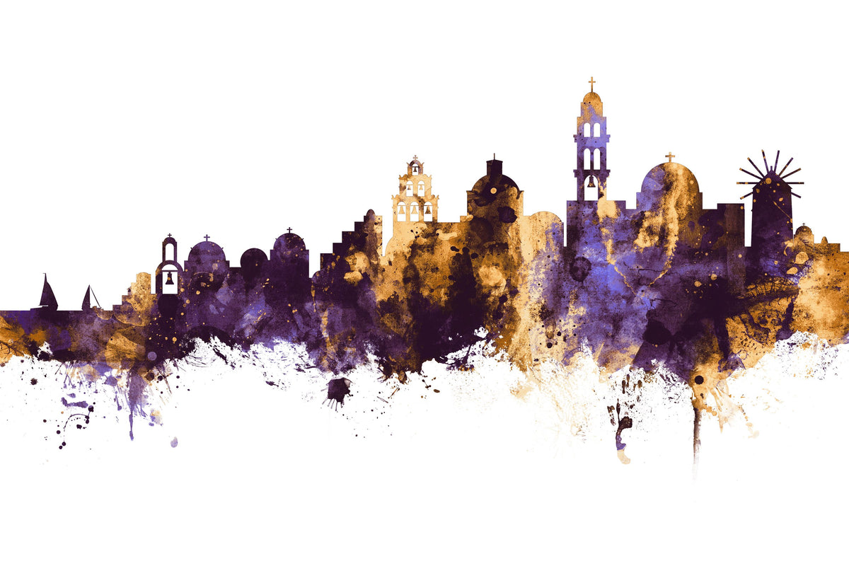 Santorini Skyline Purple & Gold Mural Wallpaper - pure wallpaper artwork