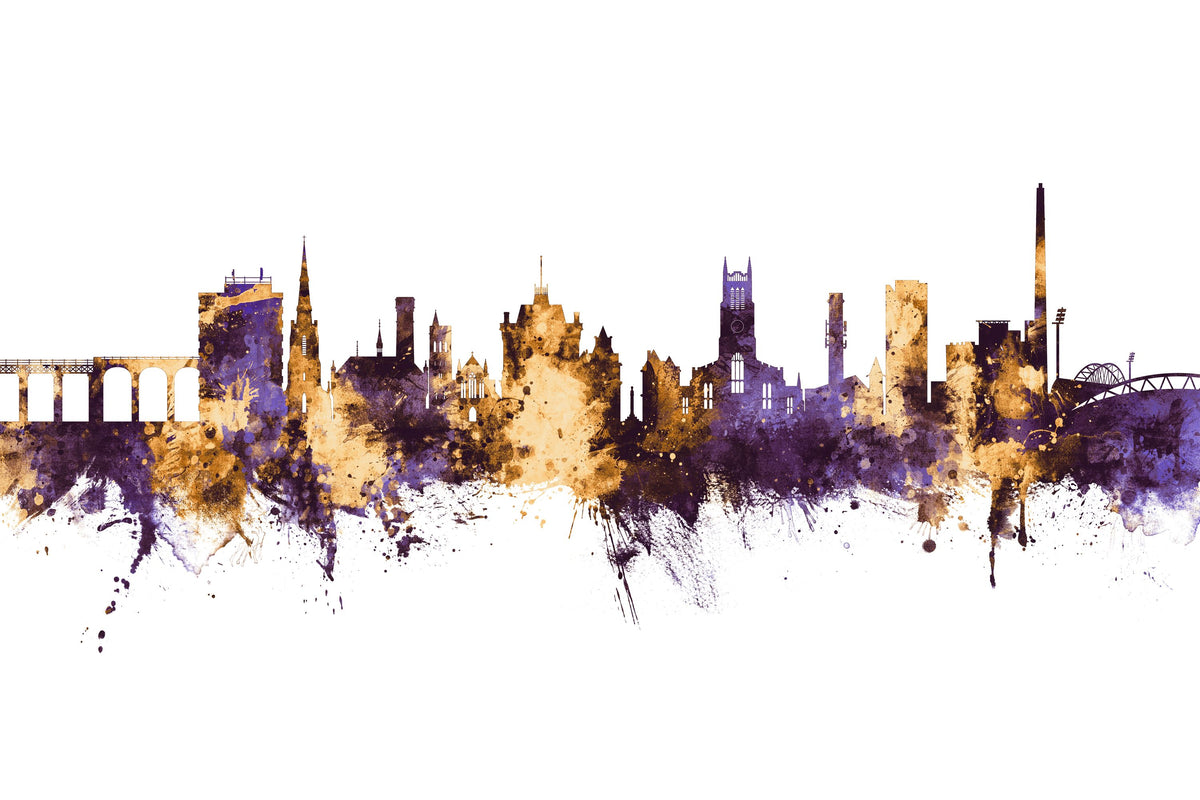 Huddersfield England Skyline Purple & Gold Mural Wallpaper - pure wallpaper artwork