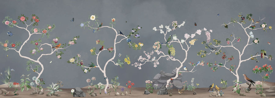 Birds in the Garden Dark Blue Mural Wallpaper