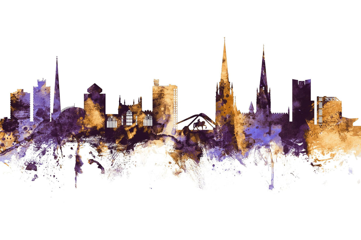 Coventry England Skyline Purple & Gold Mural Wallpaper - pure wallpaper artwork
