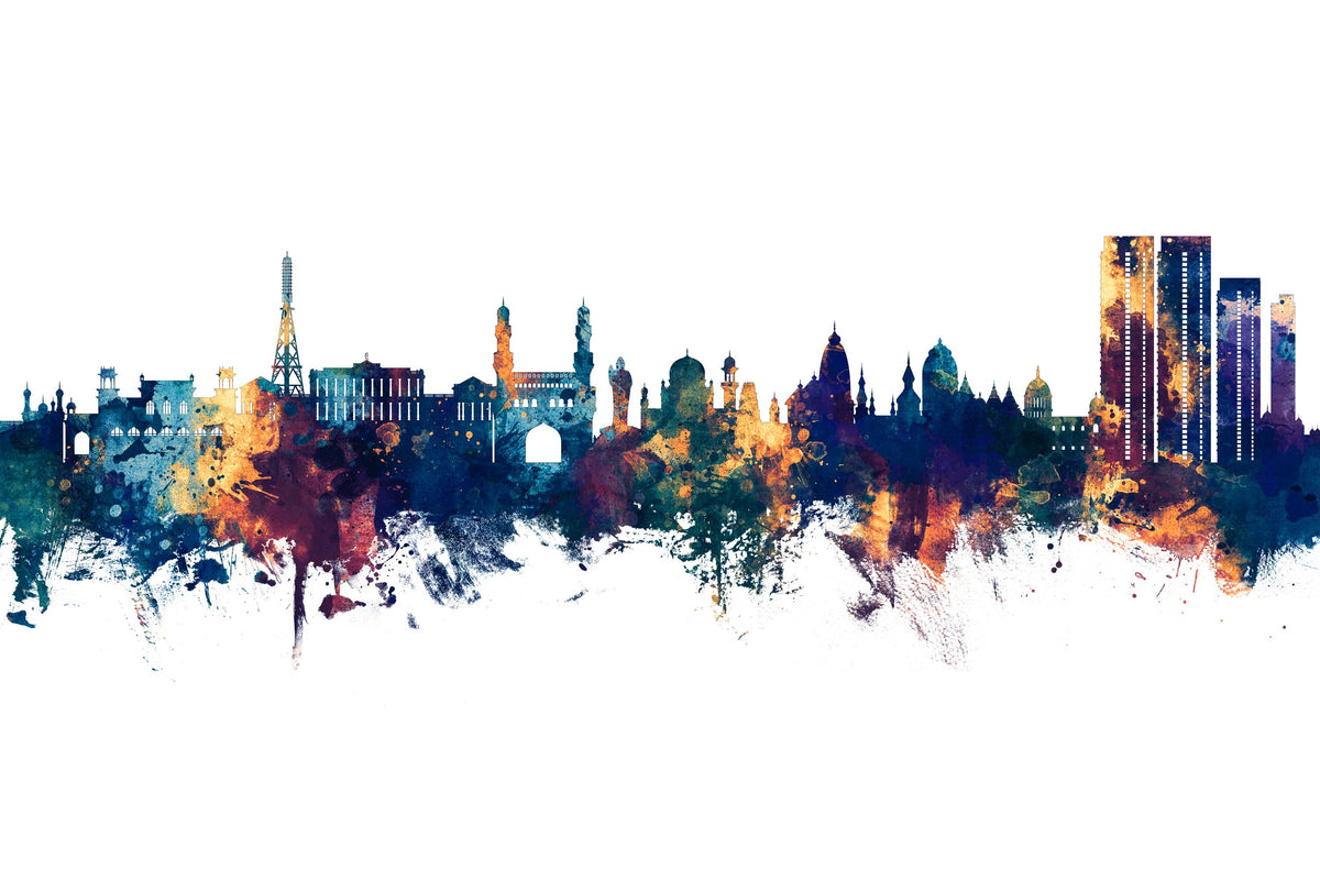 Hyderabad Skyline Blue & Bronze Mural Wallpaper - pure wallpaper artwork