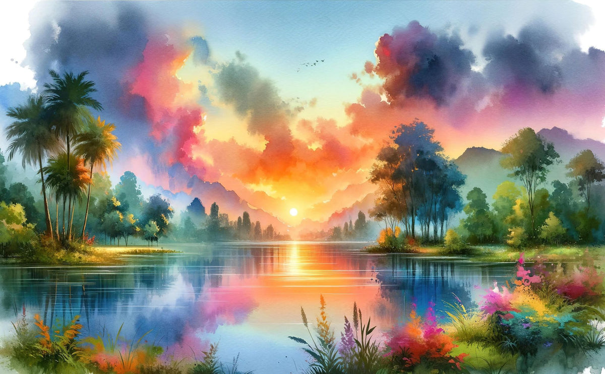 Vibrant Sunset Over Serene Lake Mural Wallpaper - pure wallpaper artwork