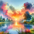 Vibrant Sunset Over Serene Lake Mural Wallpaper - pure wallpaper artwork