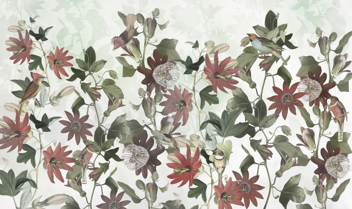 Seven Birds Mural Wallpaper - Neutral Tone - pure wallpaper artwork