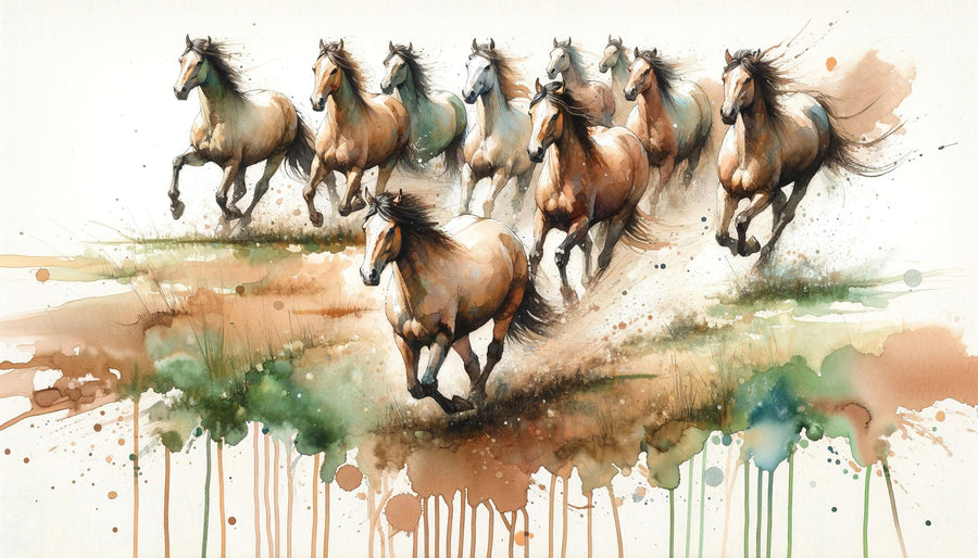 Horses Galloping Field Watercolor Mural Wallpaper