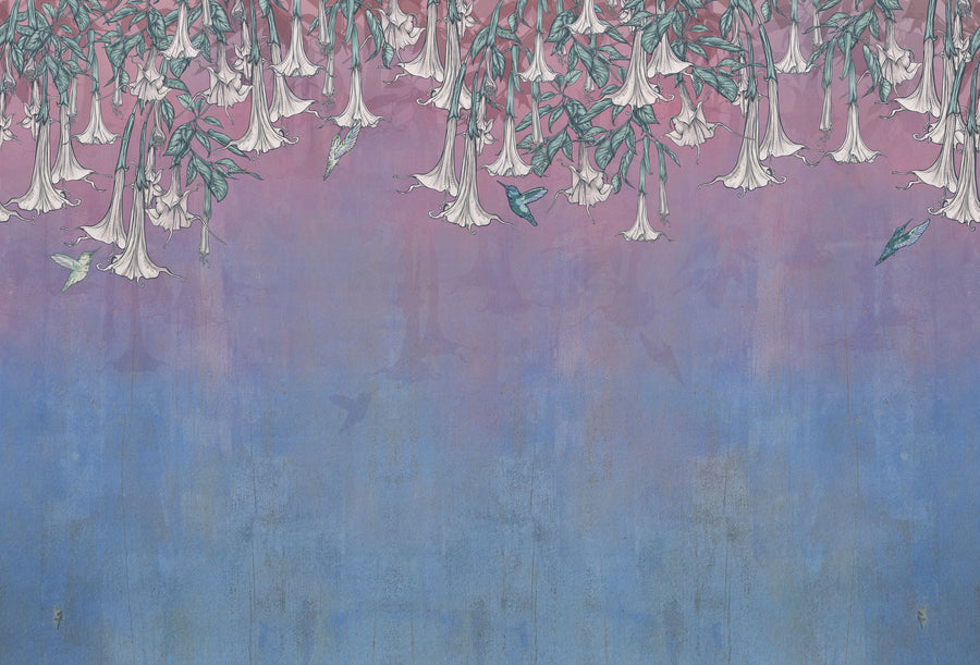 Hummingbirds and Trumpets Pink Blue Mural Wallpaper