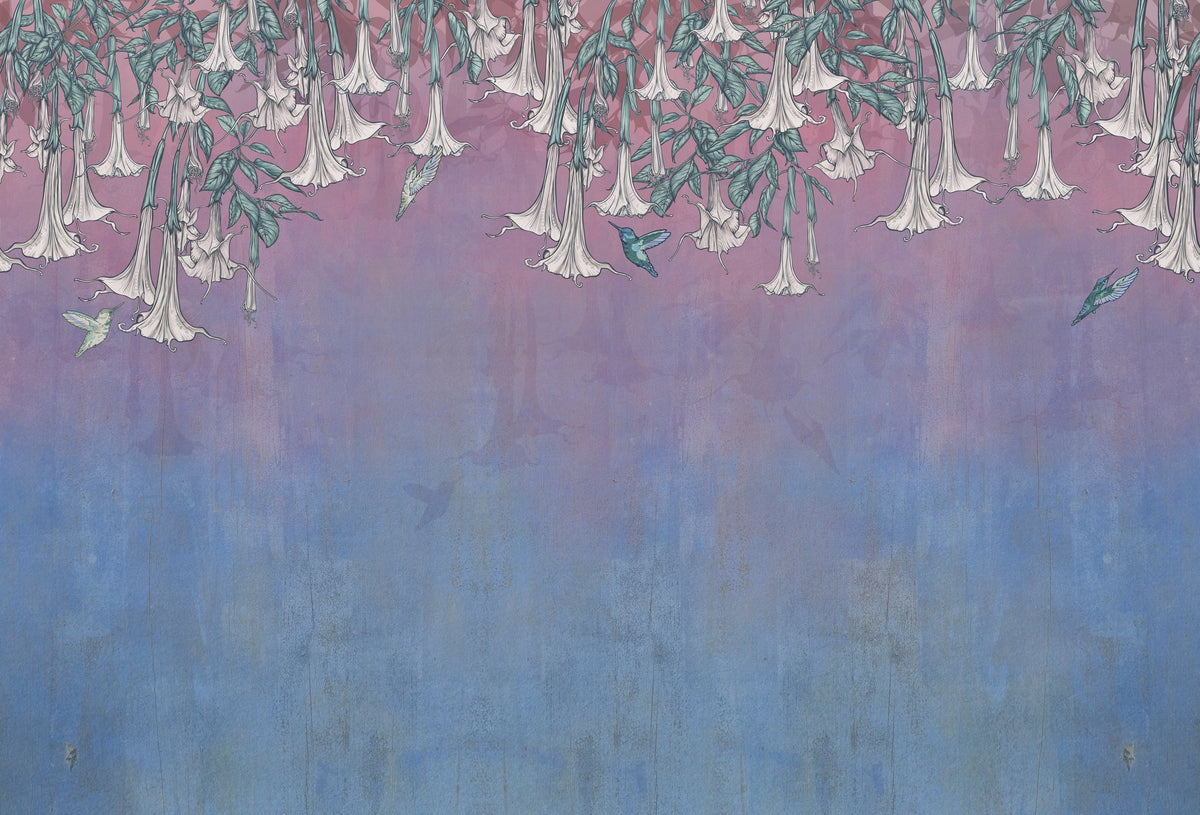 Hummingbirds and Trumpets Pink Blue Mural Wallpaper - pure wallpaper artwork