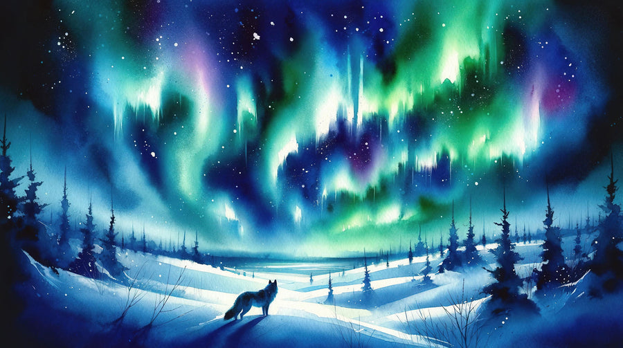 Arctic Fox and Northern Lights Mural Wallpaper