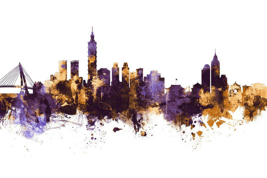 Taipei Taiwan Skyline Purple & Gold Mural Wallpaper
