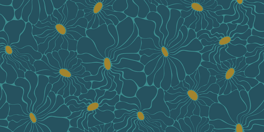 Cool Fluid Flowers Mural, Teal Mural Wallpaper