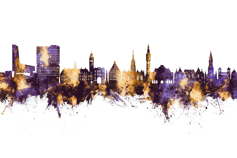 Lille France Skyline Purple & Gold Mural Wallpaper