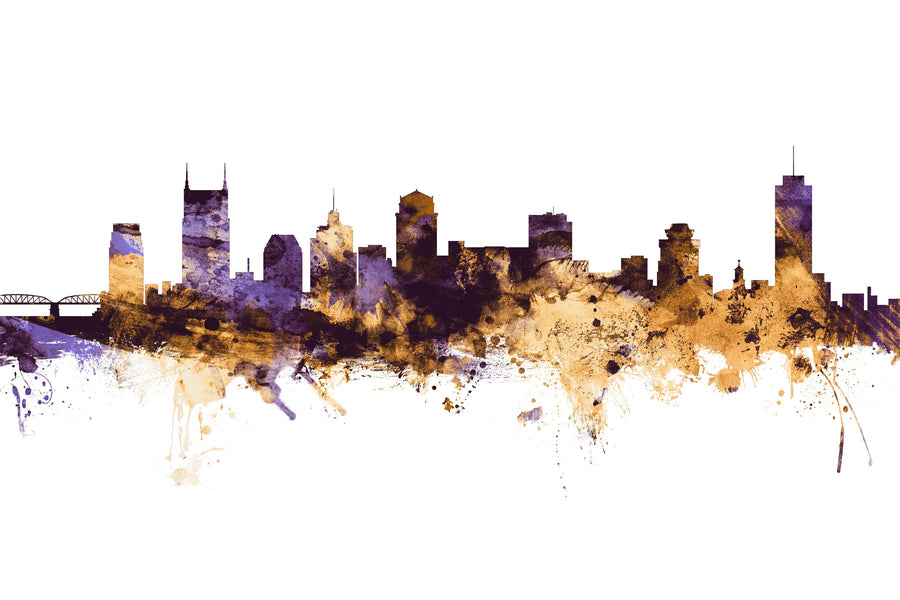 Nashville Tennessee Skyline Purple & Gold Mural Wallpaper