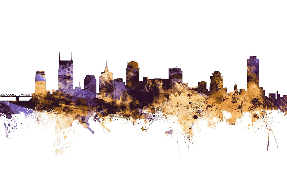 Nashville Tennessee Skyline Purple & Gold Mural Wallpaper - pure wallpaper artwork