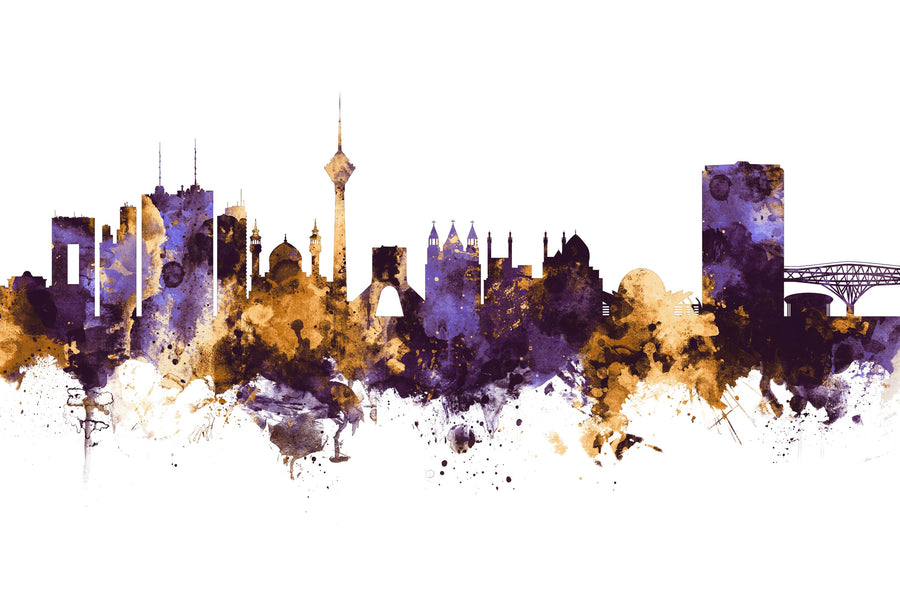 Tehran Iran Skyline Purple & Gold Mural Wallpaper