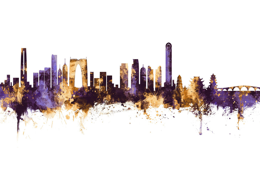 Suzhou China Skyline Purple & Gold Mural Wallpaper