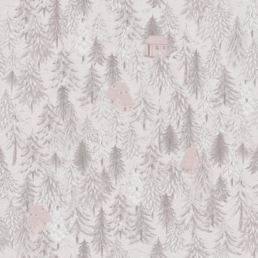 Forest Cabins, Blush Pink Mural Wallpaper
