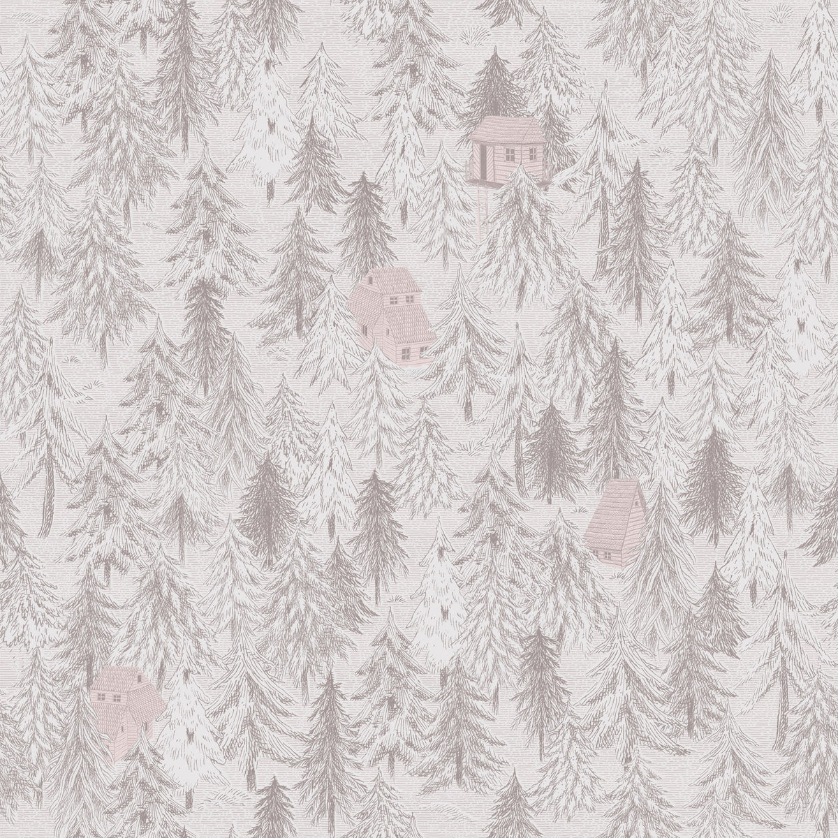 Forest Cabins, Blush Pink Mural Wallpaper - pure wallpaper artwork