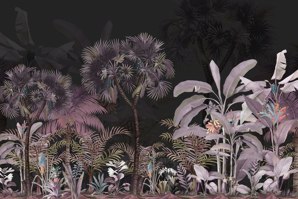 Tropical Forest Strolls Dark Purple Mural Wallpaper - pure wallpaper artwork