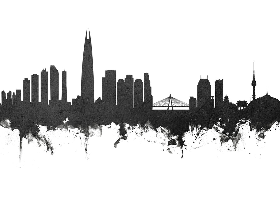 Seoul Skyline Black & White Mural Wallpaper