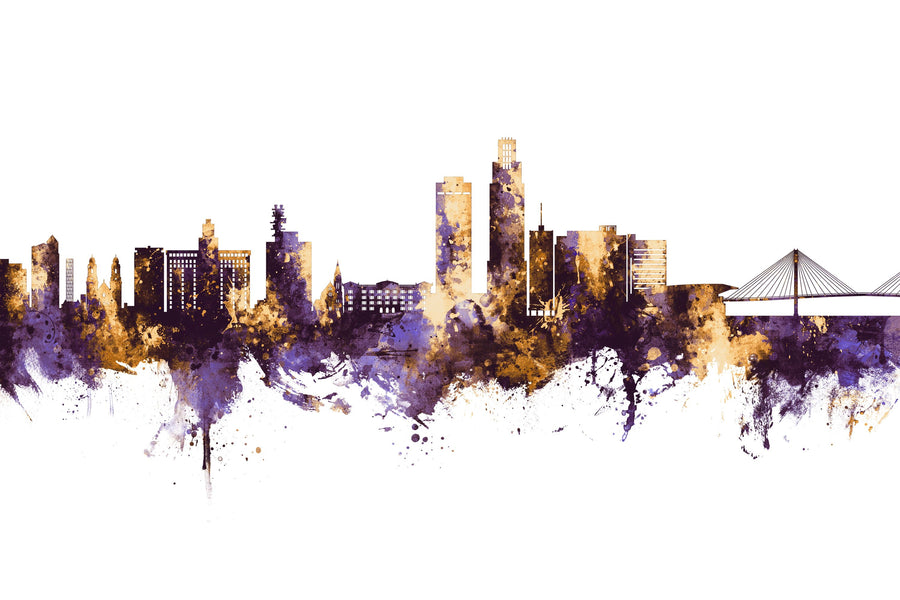 Omaha Nebraska Skyline Purple & Gold Mural Wallpaper