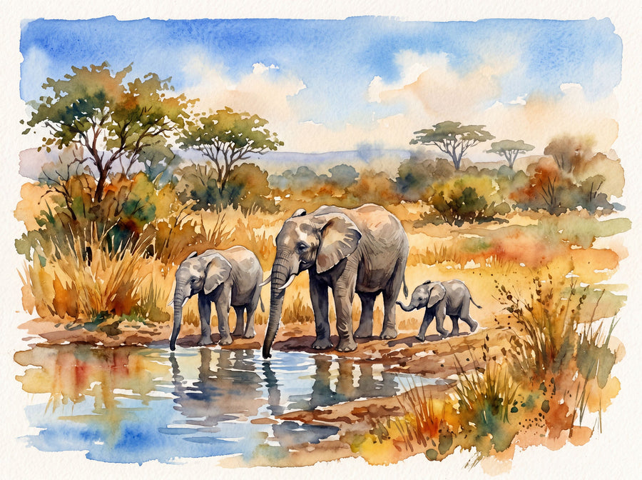 Elephants by the Water Hole - Watercolor Landscapes Series Mural Wallpaper