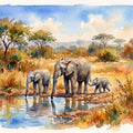 Elephants by the Water Hole - Watercolor Landscapes Series Mural Wallpaper - pure wallpaper artwork