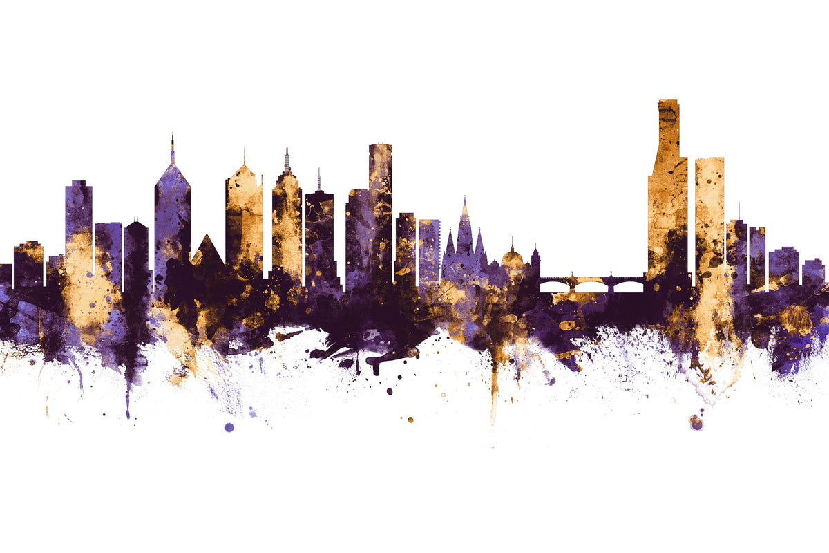 Melbourne Australia Skyline Purple & Gold Mural Wallpaper - pure wallpaper artwork