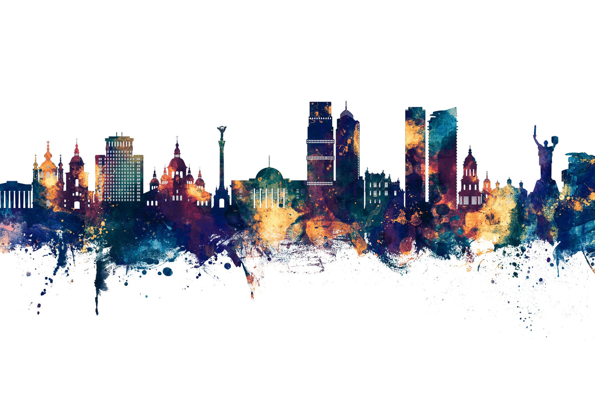 Kyiv Ukraine Skyline Blue & Bronze Mural Wallpaper - pure wallpaper artwork