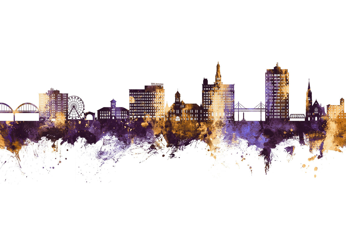 Davenport Iowa Skyline Purple & Gold Mural Wallpaper - pure wallpaper artwork