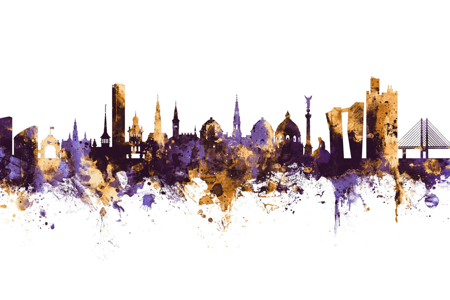 Copenhagen Skyline Purple & Gold Mural Wallpaper