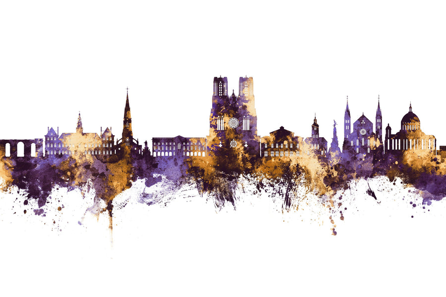 Reims France Skyline Purple & Gold Mural Wallpaper
